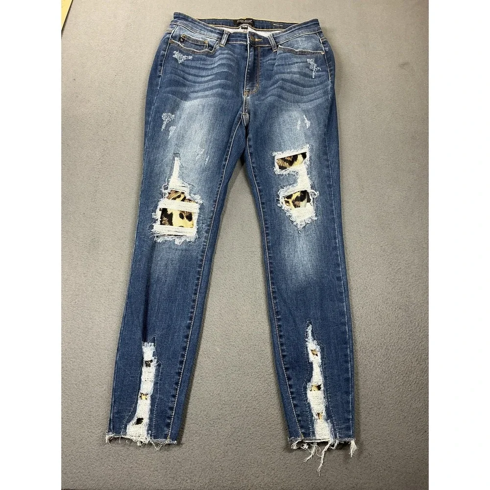 Judy Blue Jeans Womens‎ 11/30 Blue Medium Skinny Distressed Animal Print Denim